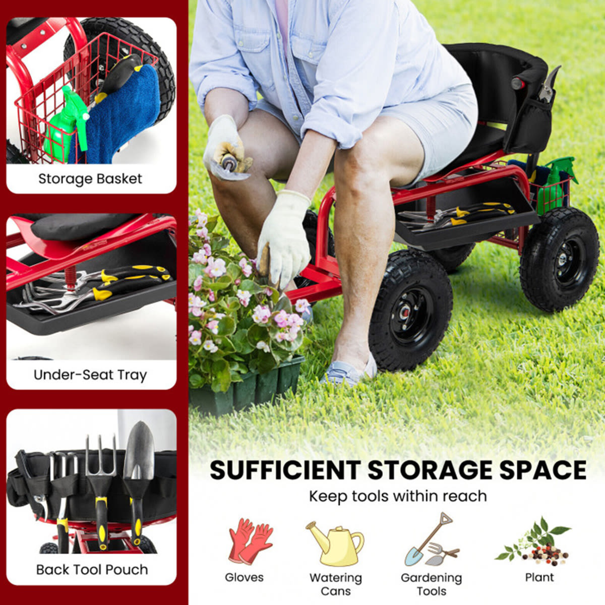 Cushioned Rolling Garden Cart with Swivel Seat