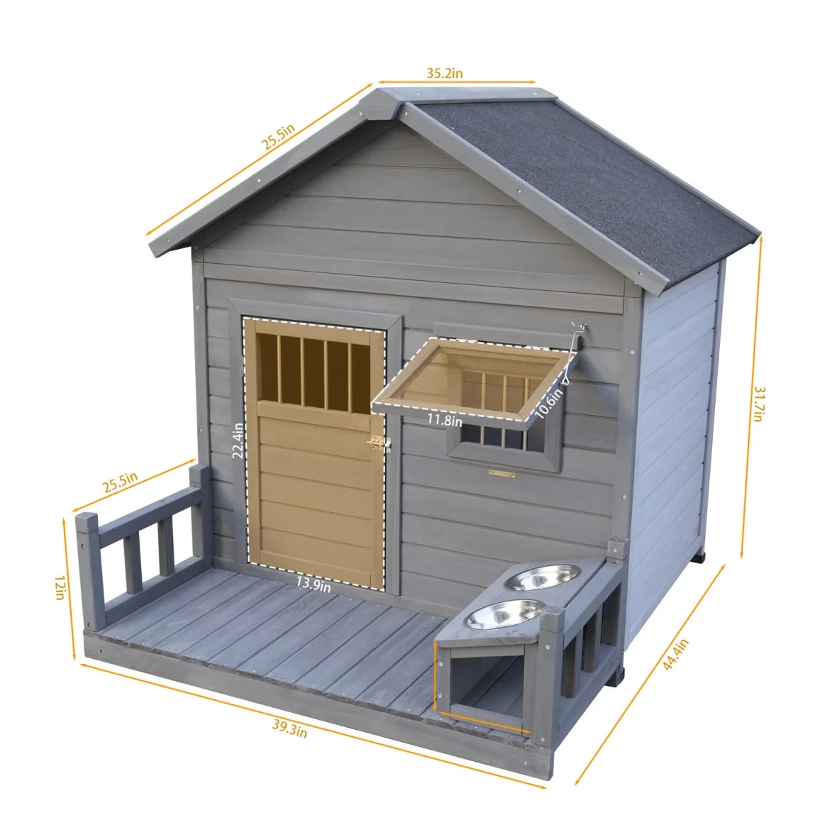 Outdoor Dog House, Extreme Outback Log Cabin Dog Kennel with Asphalt Roof, Side Window, Lockable Door and Porch, Weatherproof Wooden Pet Puppy Shelter for Small to Large Dogs, Gray