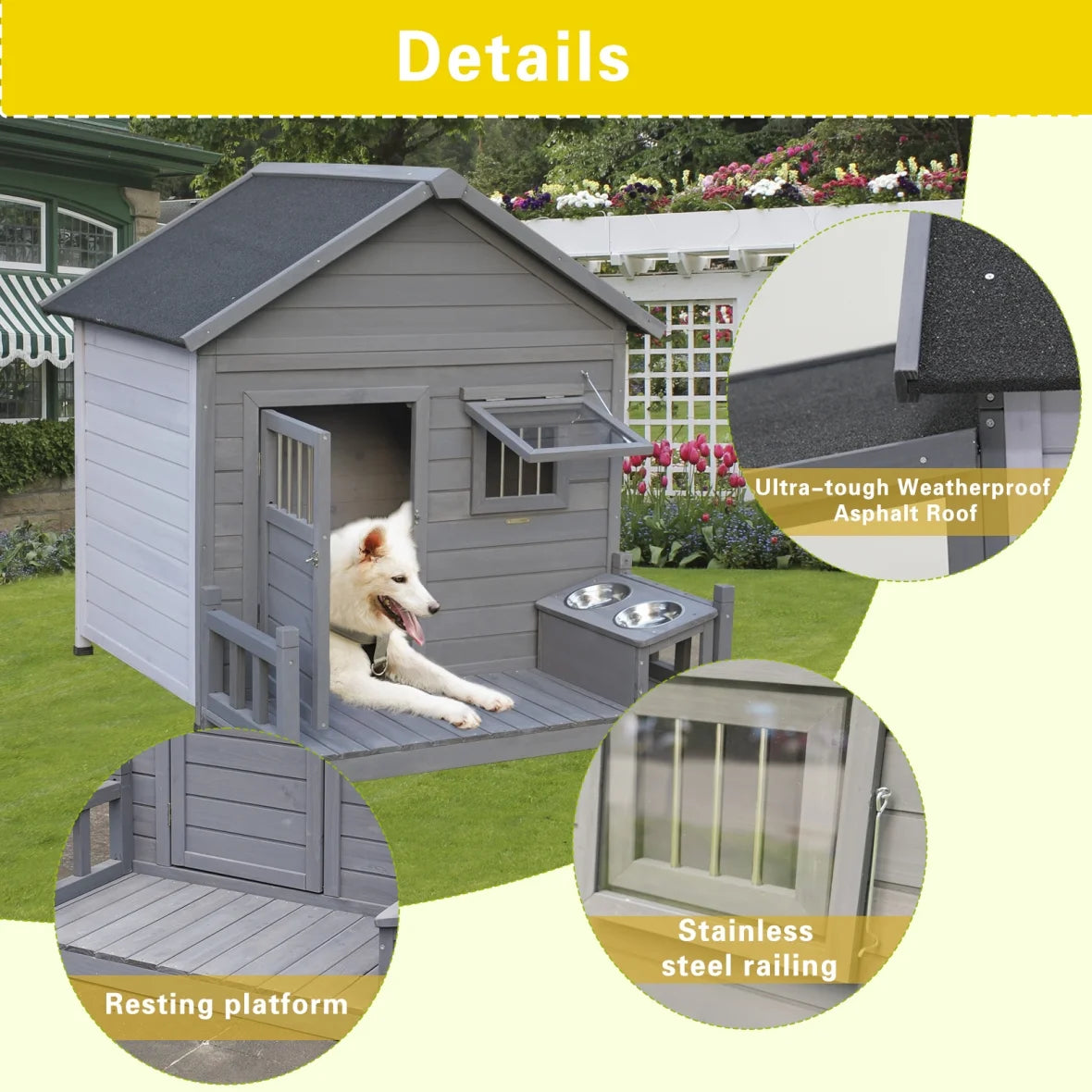 Outdoor Dog House, Extreme Outback Log Cabin Dog Kennel with Asphalt Roof, Side Window, Lockable Door and Porch, Weatherproof Wooden Pet Puppy Shelter for Small to Large Dogs, Gray