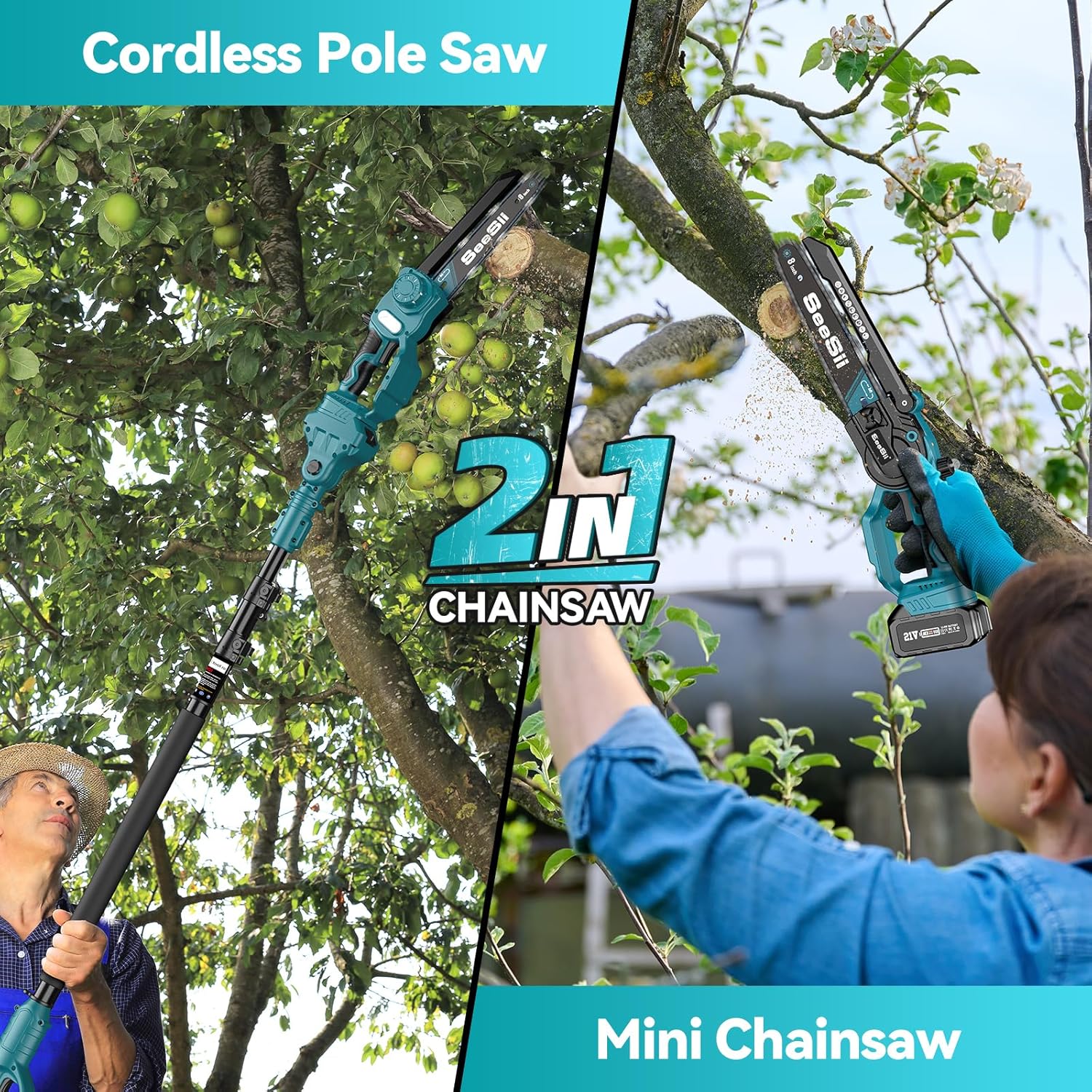 Seesii 2 in 1 Cordless 8 inch Pole Saw & Mini Chainsaw