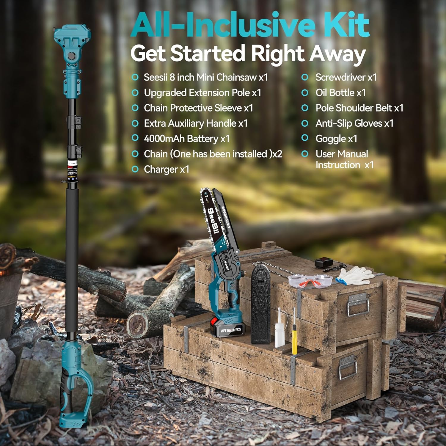 Seesii 2 in 1 Cordless 8 inch Pole Saw & Mini Chainsaw