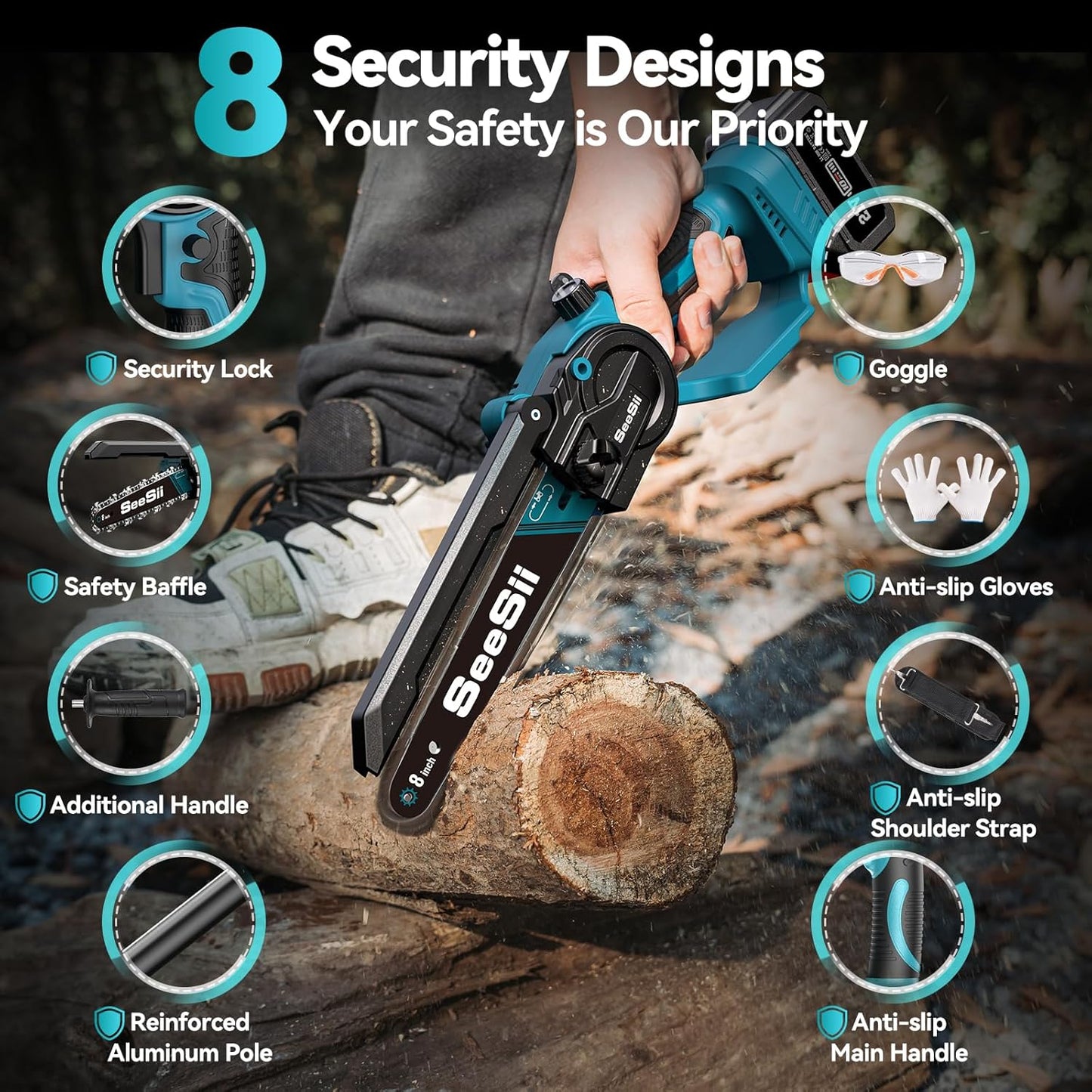 Seesii 2 in 1 Cordless 8 inch Pole Saw & Mini Chainsaw