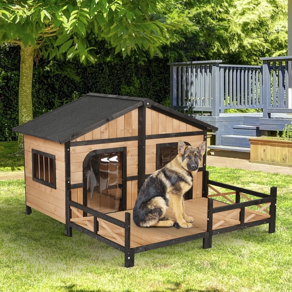 Pawhut Wooden Large Dog House, Perfect for the Porch or Deck and Includes Bottom Slide-Out Tray, 59" L, Natural 4.2 stars out of 51 reviews (4.2)| 51 ratings