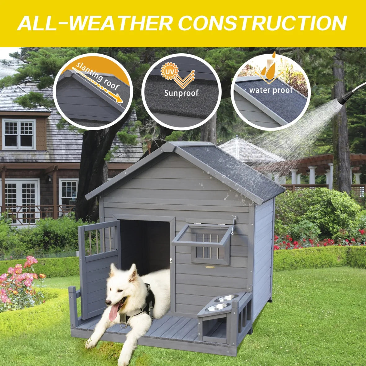 Outdoor Dog House, Extreme Outback Log Cabin Dog Kennel with Asphalt Roof, Side Window, Lockable Door and Porch, Weatherproof Wooden Pet Puppy Shelter for Small to Large Dogs, Gray