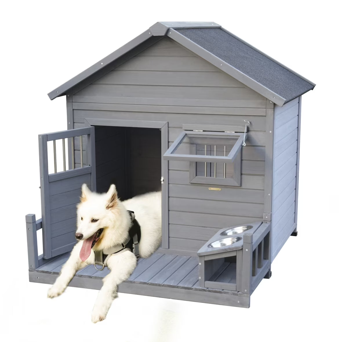 Outdoor Dog House, Extreme Outback Log Cabin Dog Kennel with Asphalt Roof, Side Window, Lockable Door and Porch, Weatherproof Wooden Pet Puppy Shelter for Small to Large Dogs, Gray