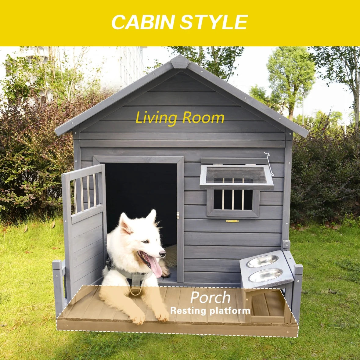 Outdoor Dog House, Extreme Outback Log Cabin Dog Kennel with Asphalt Roof, Side Window, Lockable Door and Porch, Weatherproof Wooden Pet Puppy Shelter for Small to Large Dogs, Gray